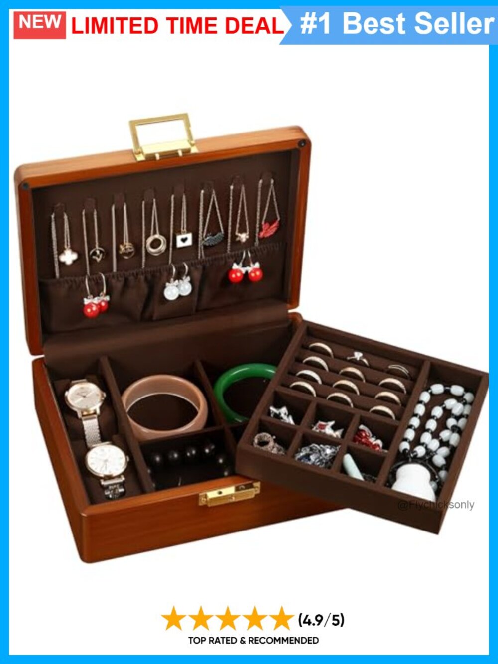 Solid Wood Jewelry Organizer Box with Lock Anti Tarnish 2 Layer